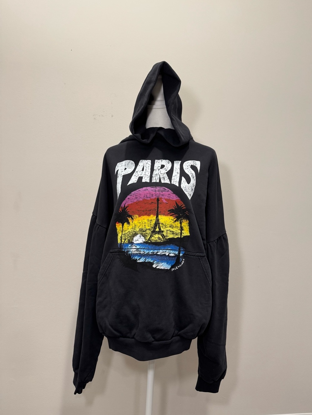 Balenciaga Black Hoodie with Multicolor Paris Sunset Graphic